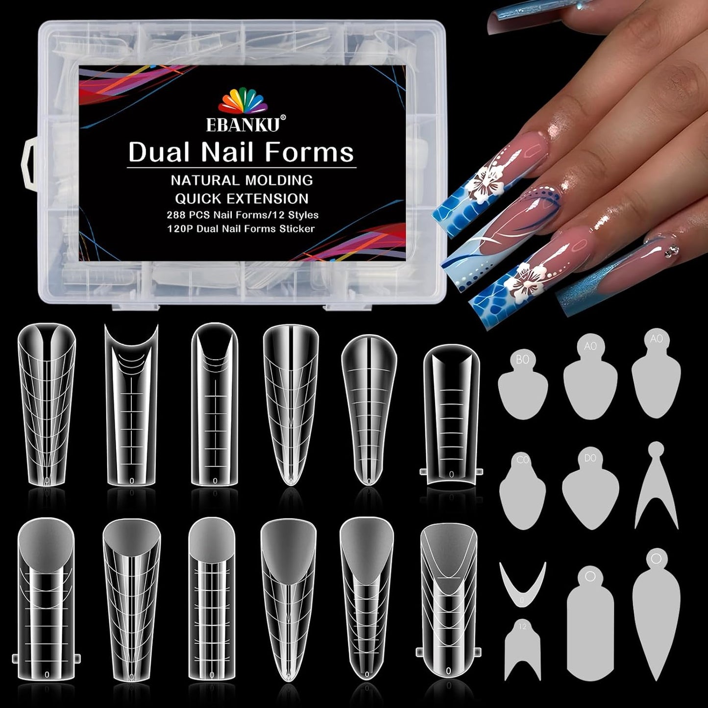 EBANKU 288PCS Nail Dual Forms for French Nails, Dual Nail Forms Molds Acrylic Nail Tips, Duet System Dual Forms Sticker Silicone Reusable Pads, 12 Styles 12 Sizes Scale for Manicure Extension, Clear