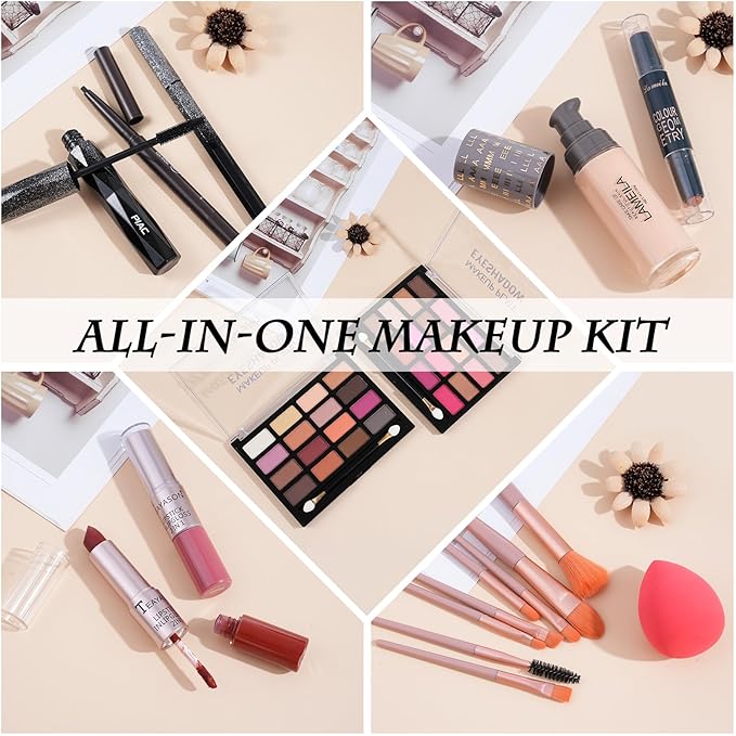 All in One Makeup Kit for Women Full Kit, Includes Eyeshadow,Foundation,Eyeliner,Mascara,Eyebrow pencil,Contour Stick, Makeup Brush, Makeup Sponge, Make Up Gift Set for Women, Teens