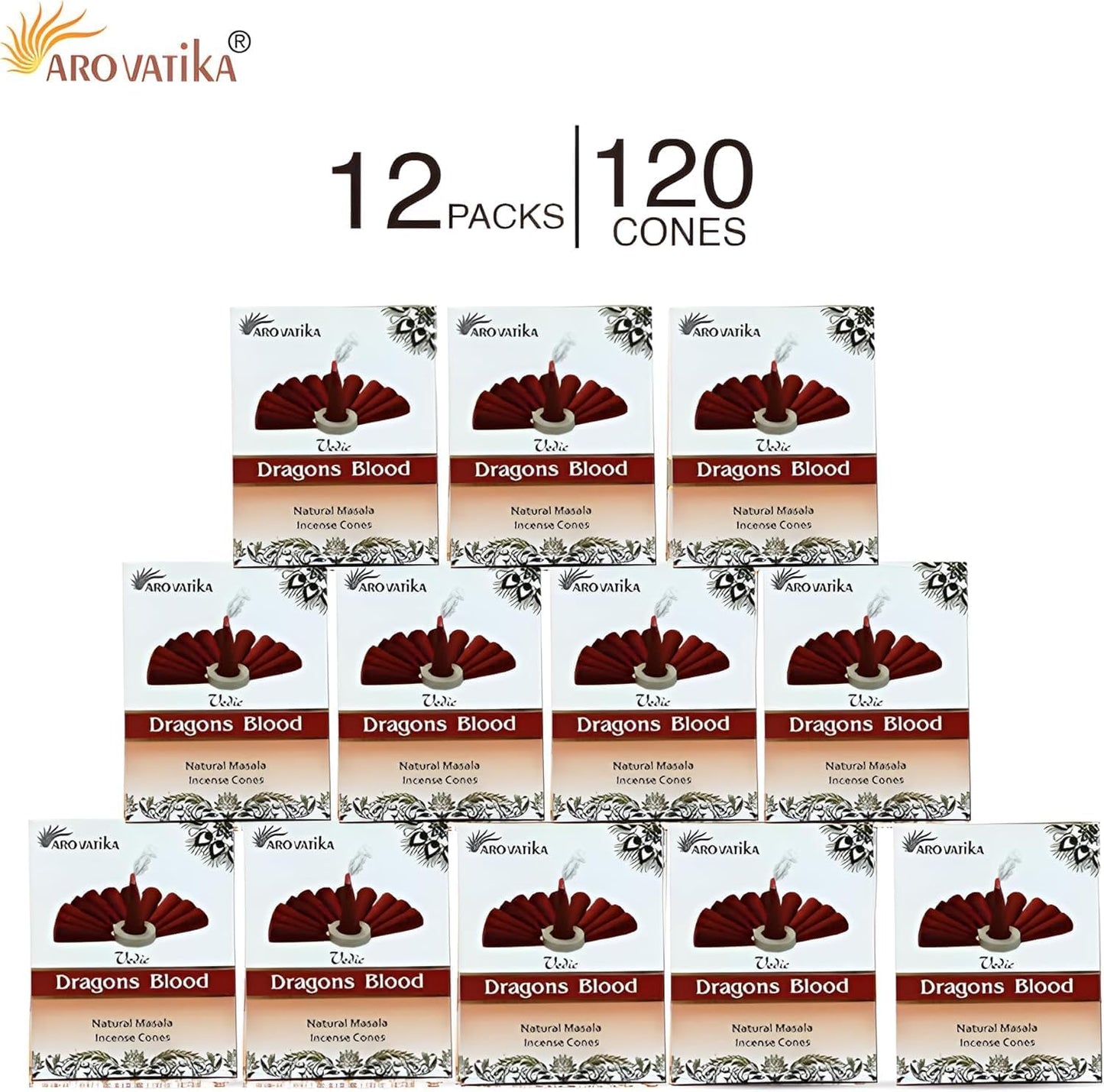 ARO VATIKA Vedic Dragons Blood Natural Masala 120 Incense Cones in Pack of 12 Boxes | Environment-Friendly Dhoop | Best for Prayer, Reiki, Meditation & Relaxation | Burn Time- 25 mins