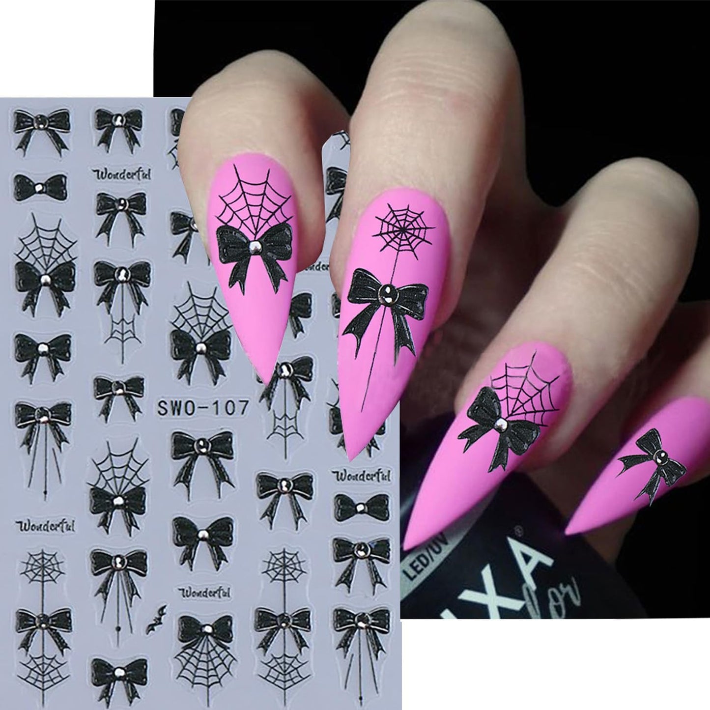 6 Sheets Halloween Nail Art Stickers 3D Self -Adhesive Black Bow Spider Web Nail Decals Holographic Bat Blood Drops Nail Stickers Halloween Nail Decoration for Women Manicure Supplies