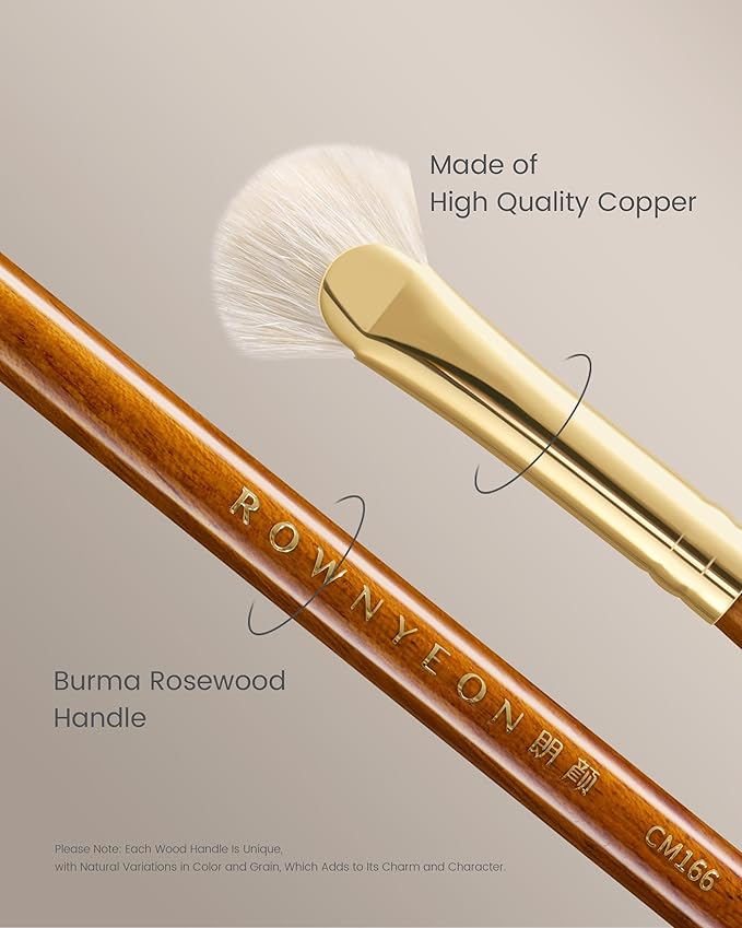 Desert Oak Series Mini Fan Brush - Ultra-Fine Goat Hair for Precision Highlighting, Flat Fan Shape Targets Cheekbones/Nose Bridge, Ebana Bubinga Handle & Brass Ferrule (CM 166)