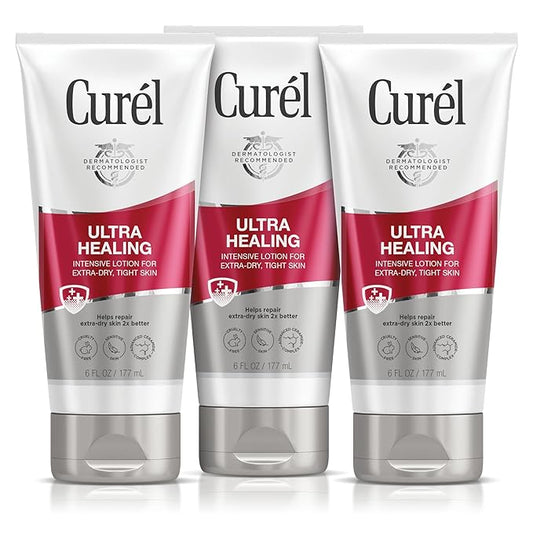 Curel Ultra Healing Intensive Fragrance-Free Lotion For Extra-Dry Skin, Ideal for Sensitive Skin, Cruelty Free, Paraben Free, Dermatologist Recommended, 6 Oz, Pack of 3