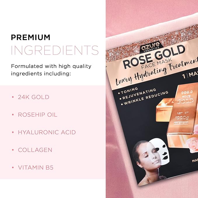 Azure Cosmetics Rose Gold Luxury Hydrating Facial Sheet Mask - Firming, Lifting & Deeply Moisturizing - Helps Reduce Fine Lines & Wrinkles, Signs of Aging & Dry Patches - Made in Korea - Pack of 5
