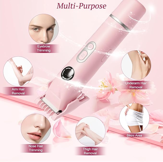 Bikini Trimmer for Women, 4 in 1 Wet/Dry Electric Razors for Women - Dual Head, Painless Rechargeable Portable Womens Razors for Shaving Set for Face, Nose, Eyebrows, Armpits, Bikini Area (Pink)