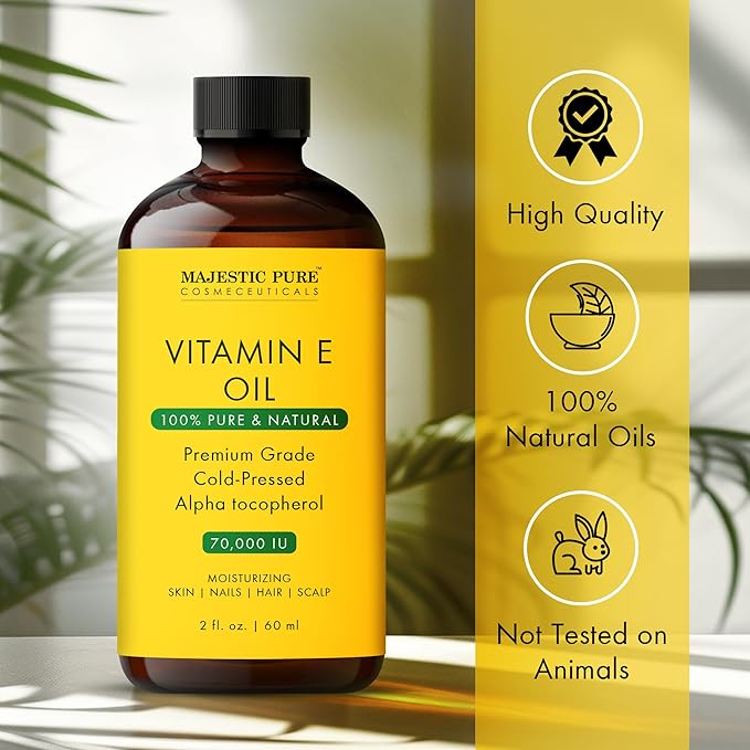 Majestic Pure Vitamin E Oil - 100% Pure & Natural, 70,000 IU | Premium Grade, Cold-Pressed and Tocopherol to Repair Dry, Damaged Skin | Moisturizing Skin, Hair and Scalp 2 Fl Oz