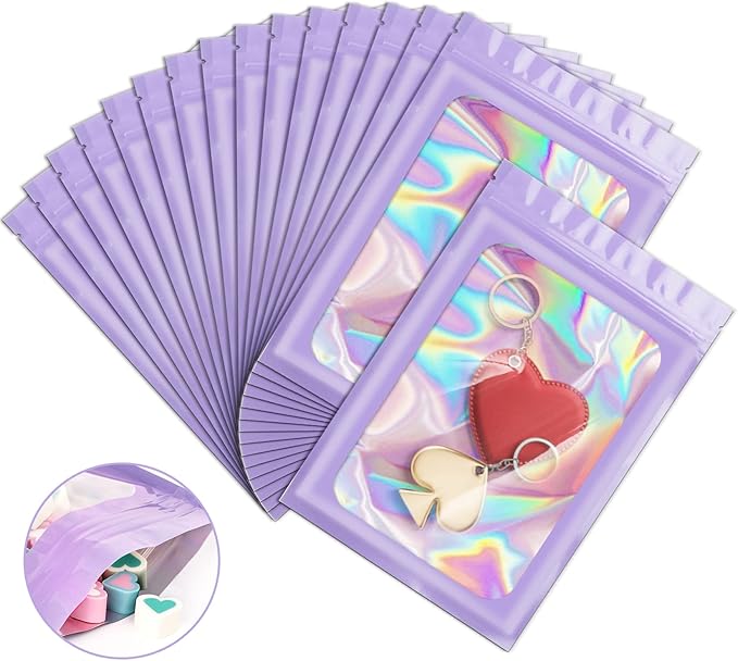 100 Pieces Smell Proof Mylar Bags, Holographic Packaging Bags, Resealable Odor Foil Pouch Zipper Bag with Clear Window for Food Storage and Lipgloss, Jewelry Lash (Purple, 3 x 4.7 Inch)