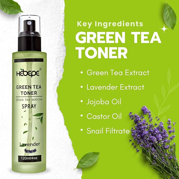 Green Tea Matcha Facial Toner Mist with Lavender, Refreshing, and Soothing Face Toner, with Jojoba Oil, Castor Oil, Snail Filtrate,120ml