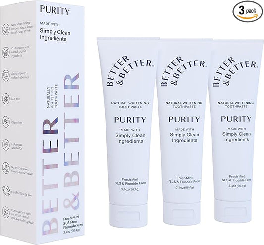 Better & Better Purity Toothpaste | Natural Whitening Toothpaste Without Additives | Organic, Vegan, Fluoride & SLS Free | Coconut-Based Formula w/Fresh Mint Flavor | 3.4oz