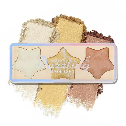 Boobeen 3 Colors Baked Shimmer Highlight & Blush Palette, Powder Palette Facial Bronzers Illuminator Makeup Palette, Lightweight Highlighter Blusher Contour for Cheeks, Lasting Natural Glowing