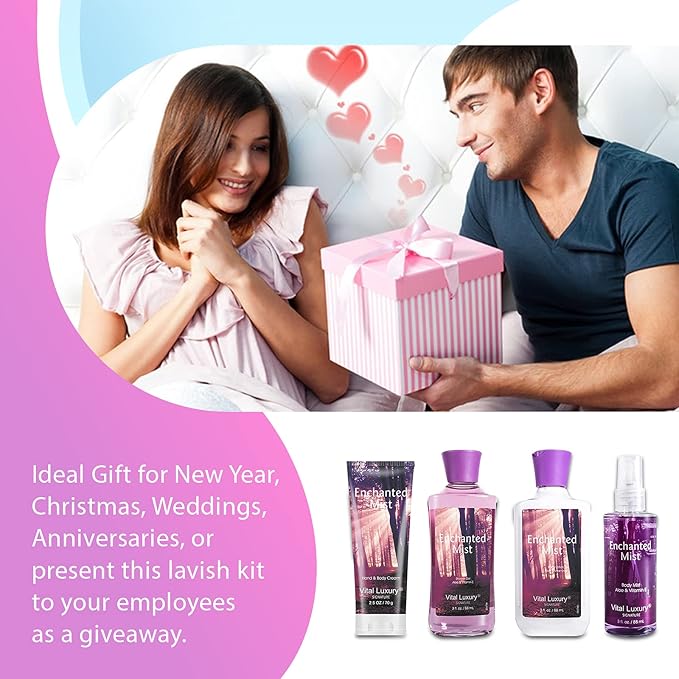 Bath & Body Kit, 3 Fl Oz, Ideal Skincare Gift Home Spa Set, Includes Body Lotion, Shower Gel, Body Cream, and Fragrance Mist,Birthday Mother's Valentine's Day Gifts(Enchanted Mist)