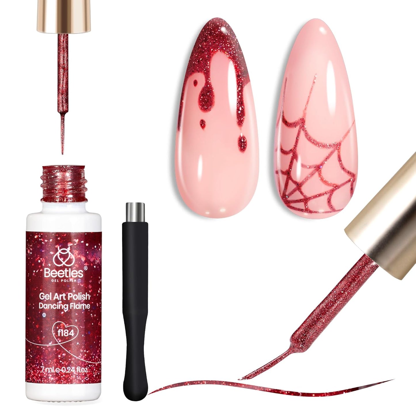 Beetles Red Cat Eye Gel Liner Nail Polish Glitter Gel Nail Art polish French Tip Swirl Nails Art Paint Soak Off UV Lamp Built Thin Nails Brush in Bottle Manicure Gifts for Women