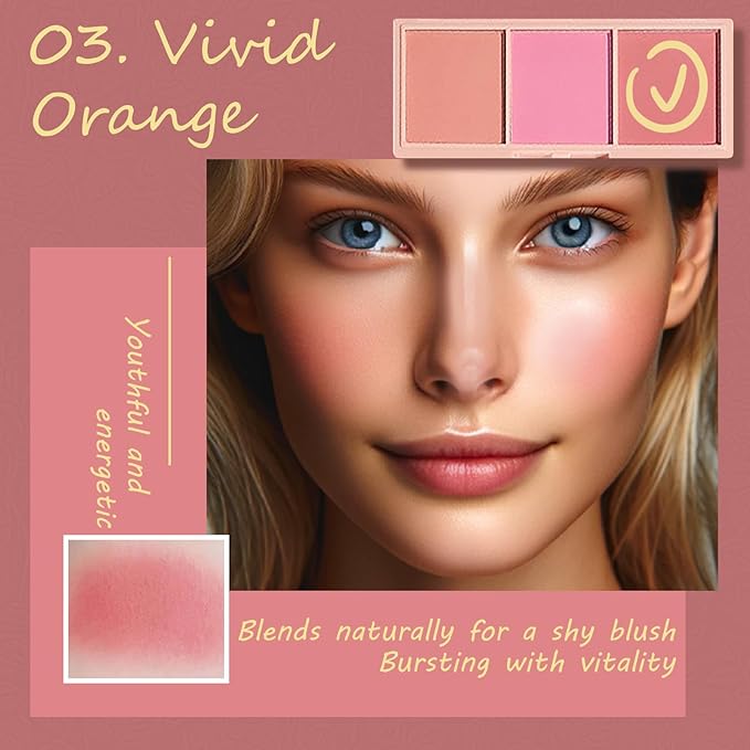 3 Color Matte Pink Blush Palette with Brush, Long Lasting Cheek Makeup, Smooth and Light Blush Powder for Face Beauty