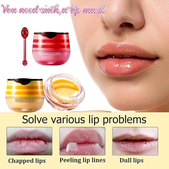 Bee Lip Balm Honey Pot,Honey Lip Mask Propolis Moisturizing Lip Balm with Stick,Hydrating and Prevention Dry and Cracked Lip Scrubs Exfoliator (2 PCS, Honey & Strawberry)