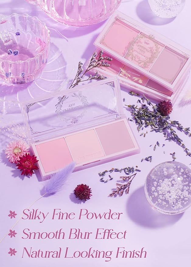 I'm Meme Palette - Afternoon Tea Blusher | Blossom Tea Blended, Cool Tone Blush for Cheek, Soft Pink, Peach, Lavender, 3 Shades Palette, Matte Powder Blush for Face&Cheeks, 0.4oz