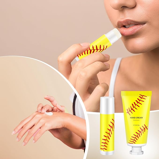 144 Pcs Softball Lip Balm Hand Cream Set Softball Accessories Softball Party Favors Including 36 Softball Lip Balm 36 Moisturizing Hand Cream 36 Bags 36 Softball Cards and Ropes for Kids Gifts