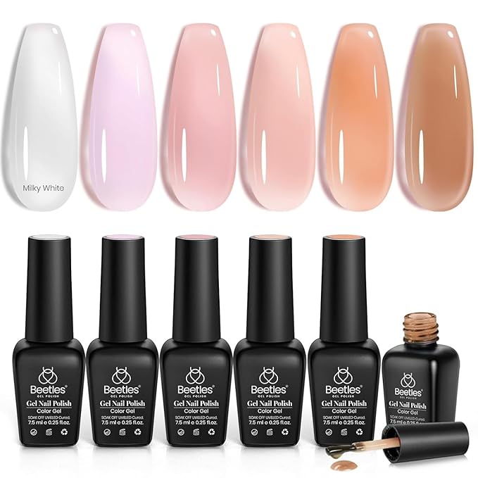 Beetles Jelly Gel Nail Polish Set, 6 Colors Milky White Nude Pink Sheer Brown Gel Polish Kit Nail Concealer Translucent Effect Soak Off Uv French Nail Art Gift for Women Ultimate Monochrome Collection