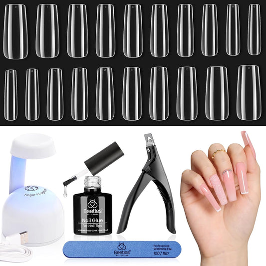 Beetles Gel Nail Kit Easy Extension Set, 240 PCS Long Square Gel Nail Tips Full Cover With 5 In 1 Nail Glue Base Gel and Innovative Uv Led Lamp Easy DIY Gift for Women