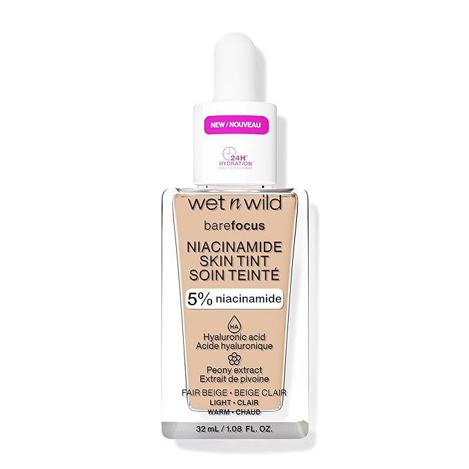 wet n wild Bare Focus Skin Tint, 5% Niacinamide Enriched, Buildable Sheer Lightweight Coverage, Natural Radiant Finish, Hyaluronic & Vitamin Hydration Boost, Cruelty-Free & Vegan - Fair Beige