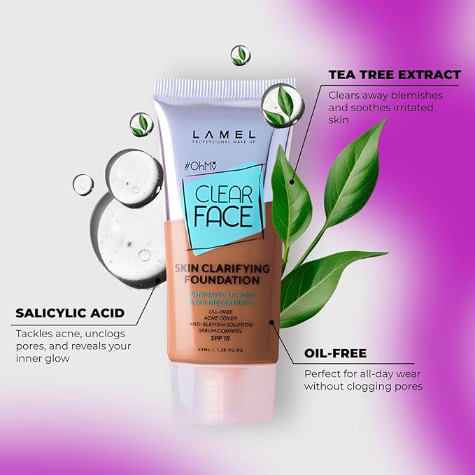 LAMEL OhMy Clear Face Full Coverage Foundation - Acne Coverage - Salicylic Acid & Tea Tree Extract - Dewy & Flawless Finish - Sensitive Skin Care - Organic & Oil-Free - 410, 1.35 fl.oz
