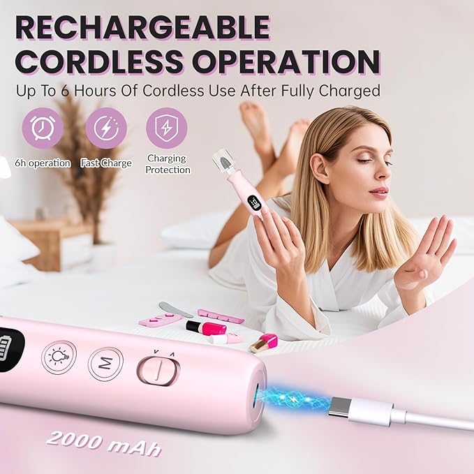 Electric Nail Drill, Cordless 2000 mAh Rechargeable Portable Nail File 12 in 1 Kit for Thick Toenails, 10 Speeds Nail Dril Machine Professional Manicure Pedicure for Hand Natural Nails Care (Pink)