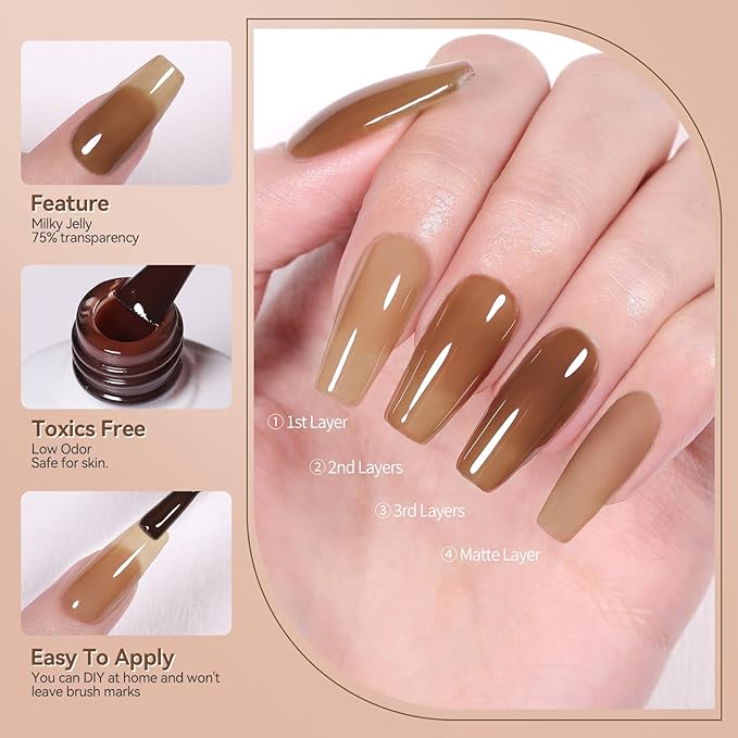 Born Pretty Jelly Gel Nail Polish Milky Jelly Translucent Gel Polish Sheer Red Purple Brown Grey Green Nail Art Varnish Manicure 6PCS