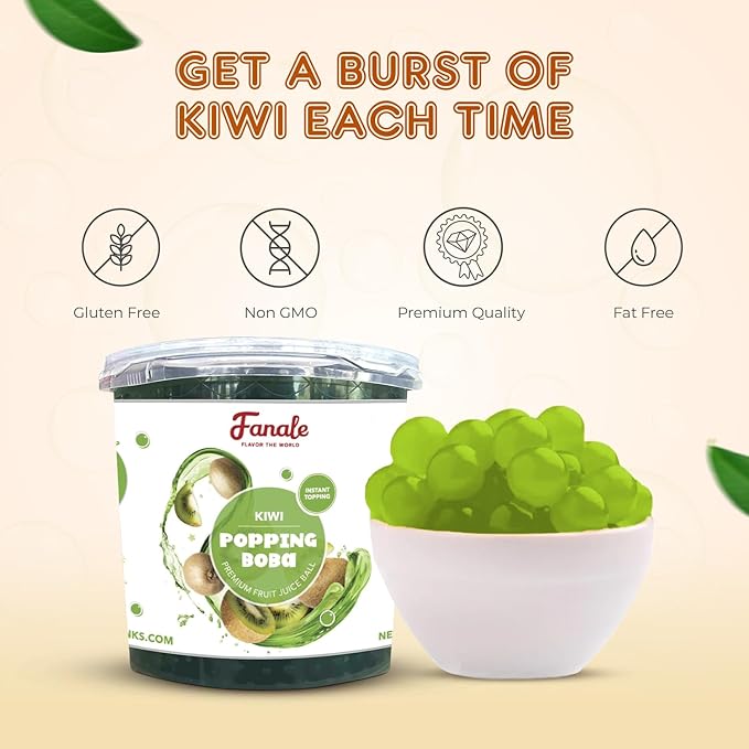 Fanale Kiwi Popping Boba Pearls, Vegan, Non GMO, Gluten Free, Fat Free, Perfect for Bubble Tea, Smoothies, Ice Cream, Desserts, and Beverages.