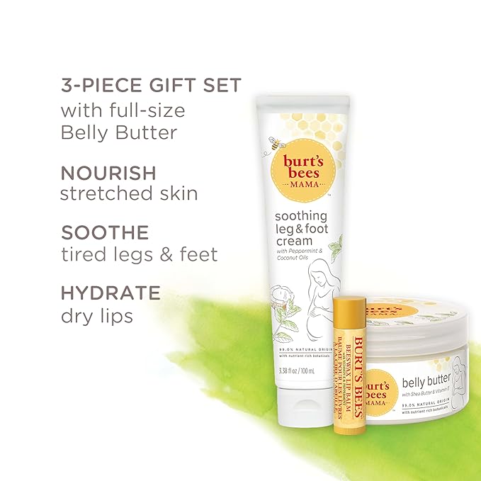 Burt's Bees Pregnancy Essentials Gifts Set, 3 Giftable Baby Shower Products & Must Have Baby Registry Items, Nourishing Skincare - Mama Belly Butter, Original Lip Balm, Leg & Foot Cream