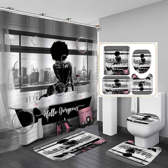 4PCS Sexy African American Women Shower Curtain Sets with Rugs, Waterproof Fabric Black White Shower Curtain, Hello Gorgeous Positive Quotes Black Girl Afro Black Woman Fashion Bathroom Decor