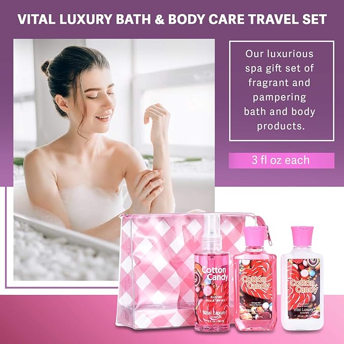 Bath & Body Care Travel Set - Home Spa Set with Body Lotion, Shower Gel and Fragrance Mist, Valentines Day Gifts for Her and Him(Cotton Candy)