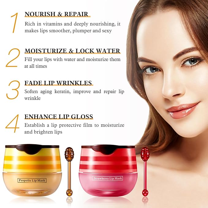 4 PCS Bee Honey Lip Balm Honey Pot, Strawberry & Bee Honey Lip Mask, Reduces Lip Lines, Hydrate & Moisturizing Lip Skin Care, Prevention Dry Cracked Lips, Bee Honey Lip Balm for Lip Repair Treatment