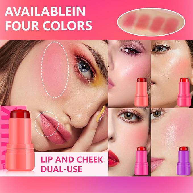 2 Pcs Milk Jelly Blush,Jelly Tint Blush Stick Sheer Lip & Cheek Stain Milk Cooling Water Jelly Tint Long Lasting Face Blushes, Lip Gloss Cheek Solid Moisturizer Stick (03#+04#)