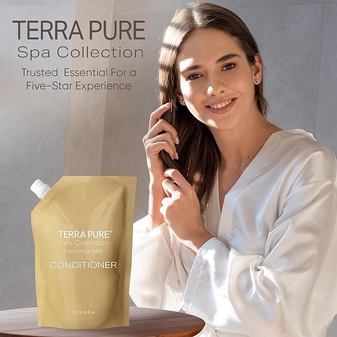 Terra Pure Spa Collection 1 Liter Conditioner Refill Bag For Soap Dispensers | Bulk Toiletries for Vacation Rentals, and Home Bathroom Showers | Green Tea Lemongrass | Single