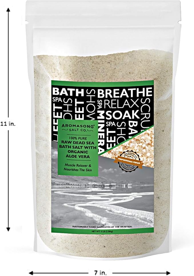 Aromasong 5 lbs Raw Dead Sea Salt with Organic Aloe Vera, not Cleaned, Still Contains All Dead sea Minerals Including Dead sea Mud, Fine Medium Grain Large resealable Bulk Pack (Packaging May Vary)