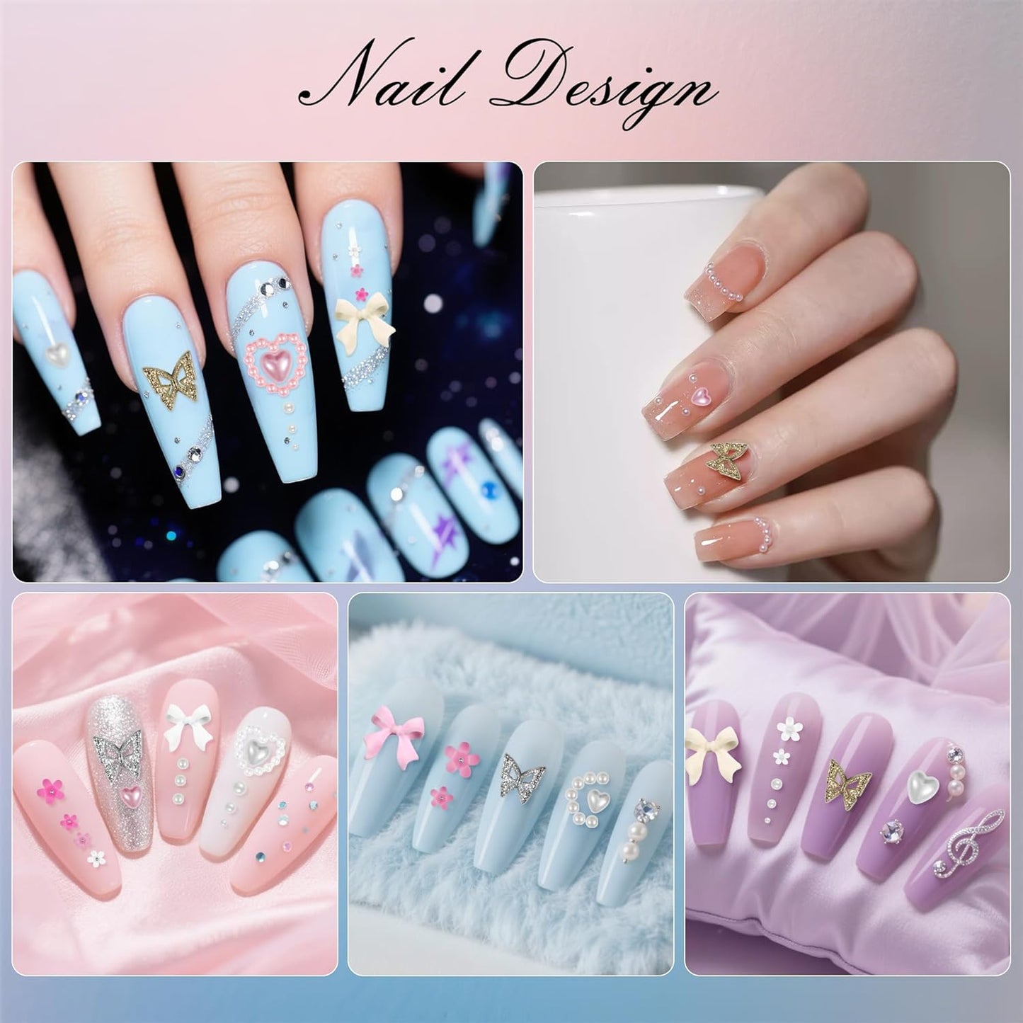 Artdone Nail Art Studs Kit, 12 grids 8 Colors 3D Charms and Pink Mix White Flower Heart Diamond Butterfly Cute Nail Jewels for DIY Decoration with Pickup Tools