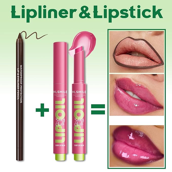 2 in 1 Solid Click Lip Gloss Pen With Brown Lip Liner Set Moisturizing Long Lasting Light Pink High Glossy Jelly Tinted Lip Balm Juicy Buildable Lip Plumper Makeup for Women