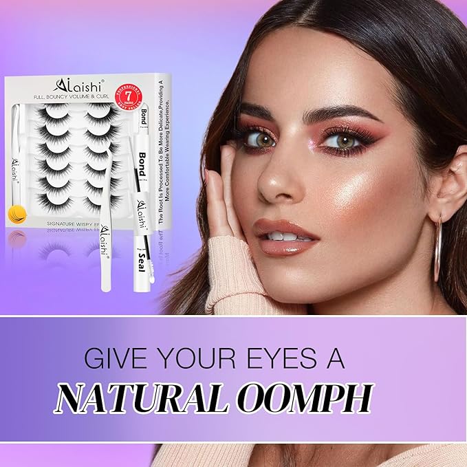 Wispy False Eyelashes Kit With Bond, Seal and Tweezer, 7 Pairs Natural Look Fake Cat Eye Lashes Strips Thin Band Extensions Waterproof Easy Eyelashes for Beginners RQ10