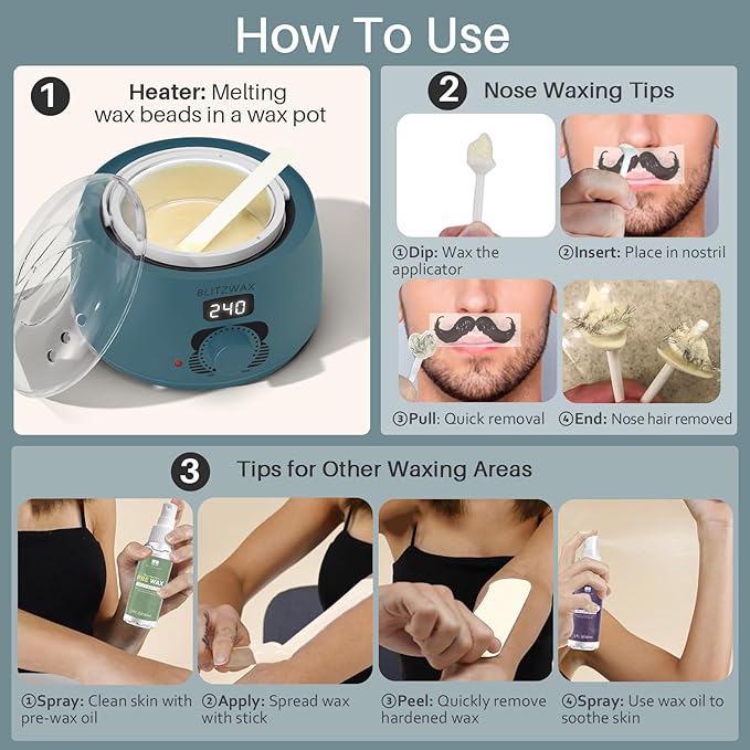 BLITZWAX Back and Nose Waxing Kit for Men, Hard Wax Warmer for Brazilian, Body and Face, At Home Hair Removal Kit, Beginner Friendly, Quick Heating, 93 Accessories, Blue Spruce
