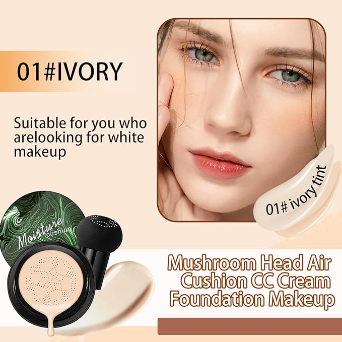 Mushroom Head Air Cushion CC Cream Foundation Makeup,Moisturizing Non-Greasy BB Cream Foundation,Long Lasting Matte Concealer Full Coverage Face Makeup Liquid Foundation for All Skin Types(Ivory)