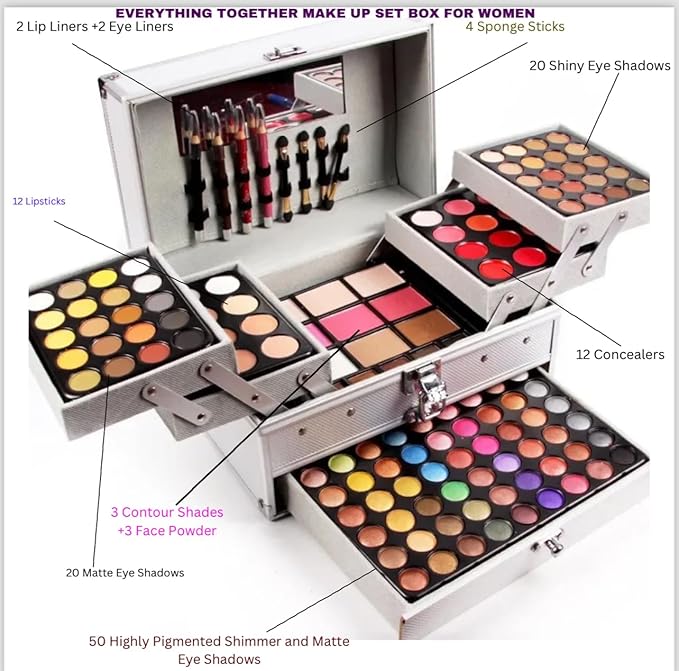 132 Colors All In One Ultimate Color Makeup Kit: Carry All Trunk with Cosmetic Contouring Palette, Concealer, Face Powder, Lip Gloss, Blusher, Contour Shade, Eye Liner, and Eyebrow Powder.