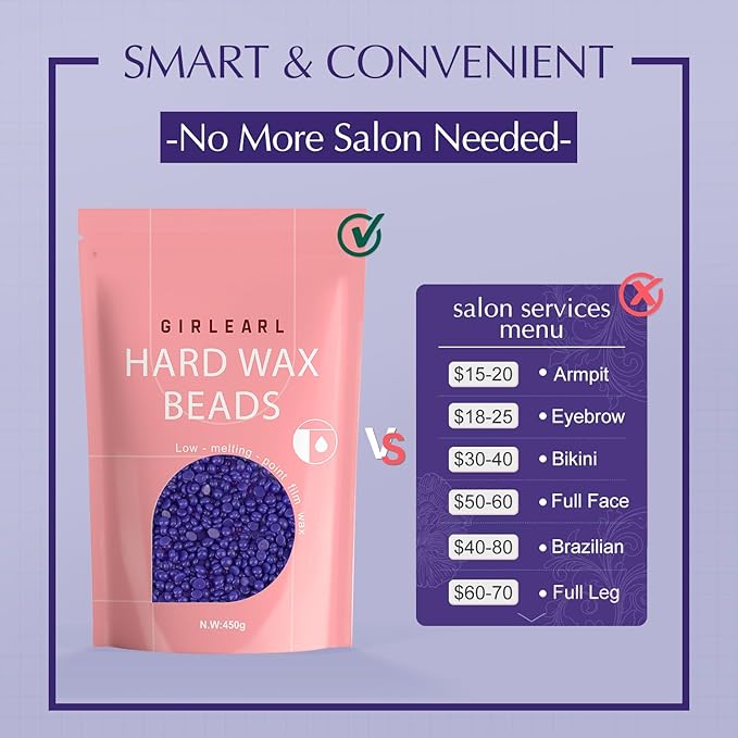 Hard Wax Beads, Wax for Women Sensitive Skin, 1lb, Lavender Formula, Hair Removal for Legs, Brazilian Bikini, Eyebrow, Facial and Full Body