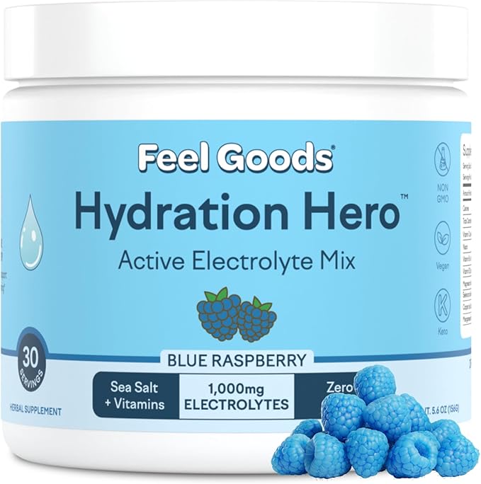Feel Goods Hydration Hero, 1,000mg Electrolytes Powder, Sugar Free, Magnesium, Organic Aloe Vera, L Theanine, Vitamin C, B12, Keto, Vegan, Plant Based, Blue Raspberry, 30 Servings