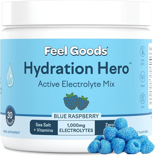Feel Goods Hydration Hero, 1,000mg Electrolytes Powder, Sugar Free, Magnesium, Organic Aloe Vera, L Theanine, Vitamin C, B12, Keto, Vegan, Plant Based, Blue Raspberry, 30 Servings
