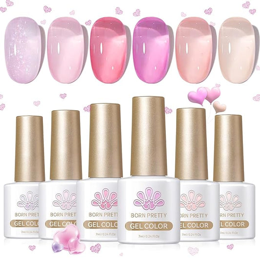 BORN PRETTY Jelly Gel Nail Polish Set,Sheer Nude Pink Natural Color Ice Transparent Tranlusent Gel Polish Kit for Salon Manicure and Nail Art DIY at Home 6PCS 7ml