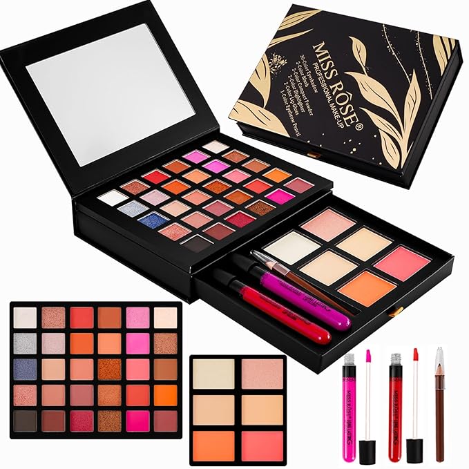 All in One Makeup Kit,Makeup Palette Includes 30 Color Eyeshadow, 2 Color Highlighter，2 Color Pressed Powder，2 Color Blusher，2 Pcs lip gloss，1 Pcs Eyepencil, Mirror,Makeup Gift Set for Women (017Y)