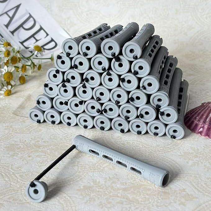 Perm Rods Set for Short Natural Hair 40pcs Gray Plastic Cold Wave Rods Hair Curling Rollers with Steel Pintail Comb Rat Tail DIY Hairdressing Tools（40pcs Gray）