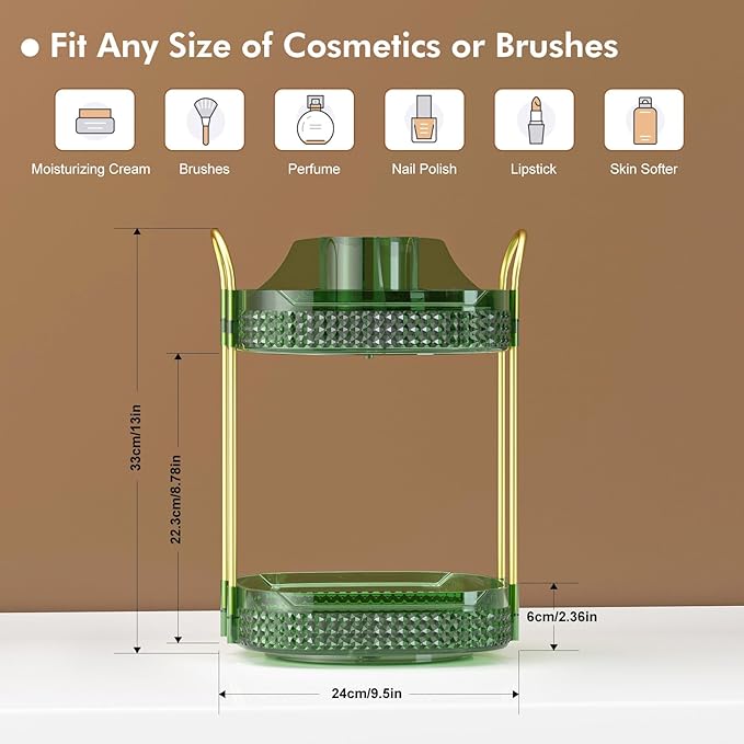 Awenia Rotating Makeup Organizer 360, Stackable Adjustable Large Capacity Cosmetic Storage Unit,Dresser Bathroom Kitchen Countertop Organizer with Metal Handle, Plus Size (Gem Green, 2 Tier)