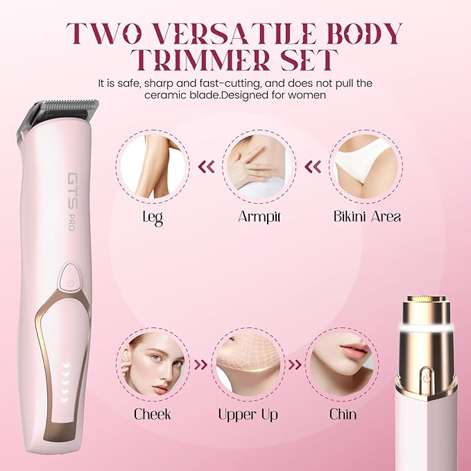 Bikini Trimmer for Women Electric Razor 2 Pack Dual Head Body & Facial Hair Remover -Waterproof USB Rechargeable with Replacement Ceramic Blades, Travel Pouch & Packaging Box(Pink)
