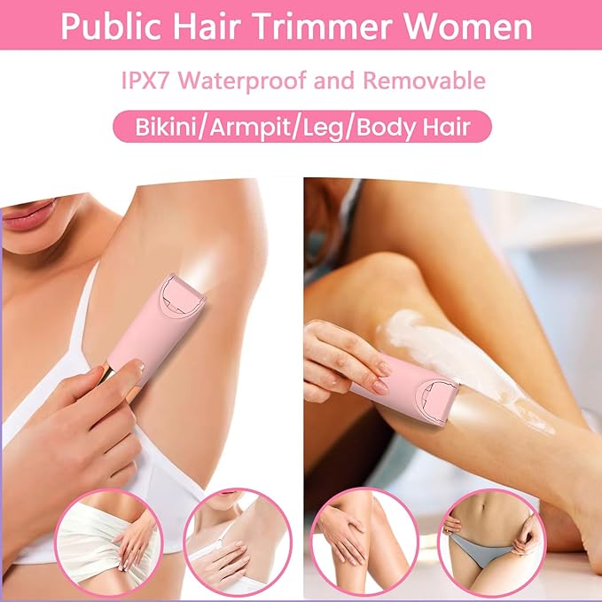 Bikini Trimmer for Women, Glow Aura Womens Shaver, Quiet Dual Head Waterproof Cordless Rechargeable Painless Trimmer for Underarms, Legs, Body (Pink)