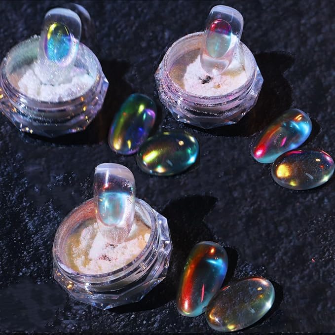 3 Boxes Ice Transparent Aurora Nail Powder Neon Rainbow Holographic Chameleon Powder Multi Chrome Iridescent Pigment Pearlescent Nail Art Glitters(Transparent#4#5#6)