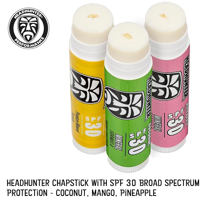 Headhunter Sport Chapstick Sunscreen SPF 30, Natural Mineral Waterproof Lip Balm For Sun Protection, Ultra Solar Defense - Reef Safe Sunblock Chap Stick, 3 Flavors - Coconut, Pineapple, Mango (9 Pack)